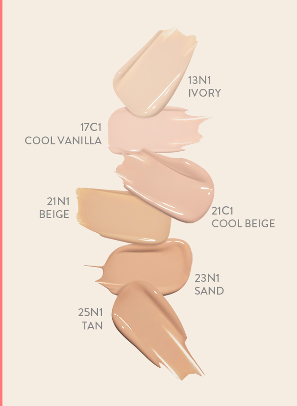 from brighter to darker, 13N1 IVORY / 17C1 COOL VANILLA / 21C1 COOL BEIGE / 21N1 BEIGE / 23N1 SAND / 25N1 TAN