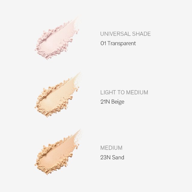 Finely milled powder is swatched in three distinct shades—Universal Shade 01 Transparent, Light to Medium 21N Beige, and Medium 23N Sand—demonstrating the range of Sulwhasoo Perfecting Powder for a flawless skin caring finish.