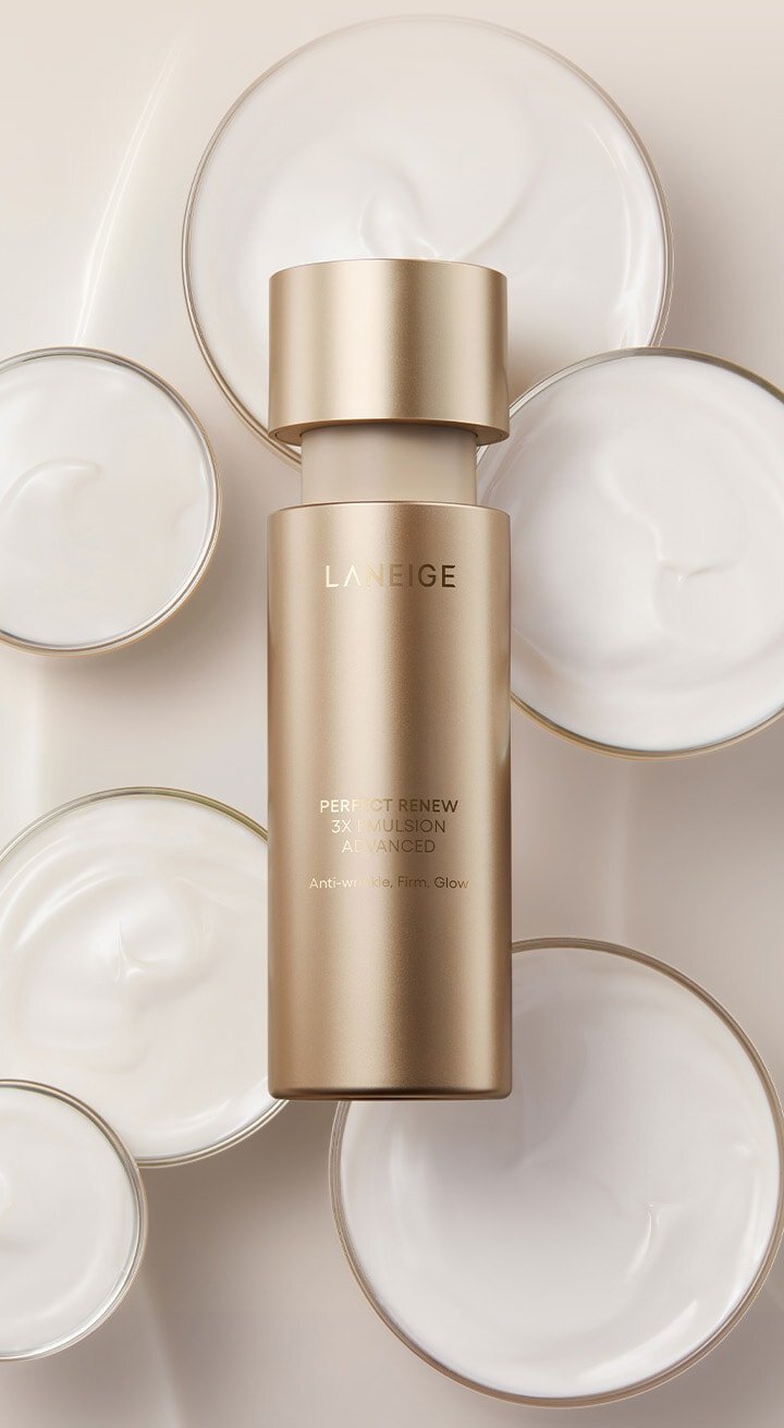 Laneige Perfect Renew 3X Emulsion Advanced placed over a background of its creamy texture