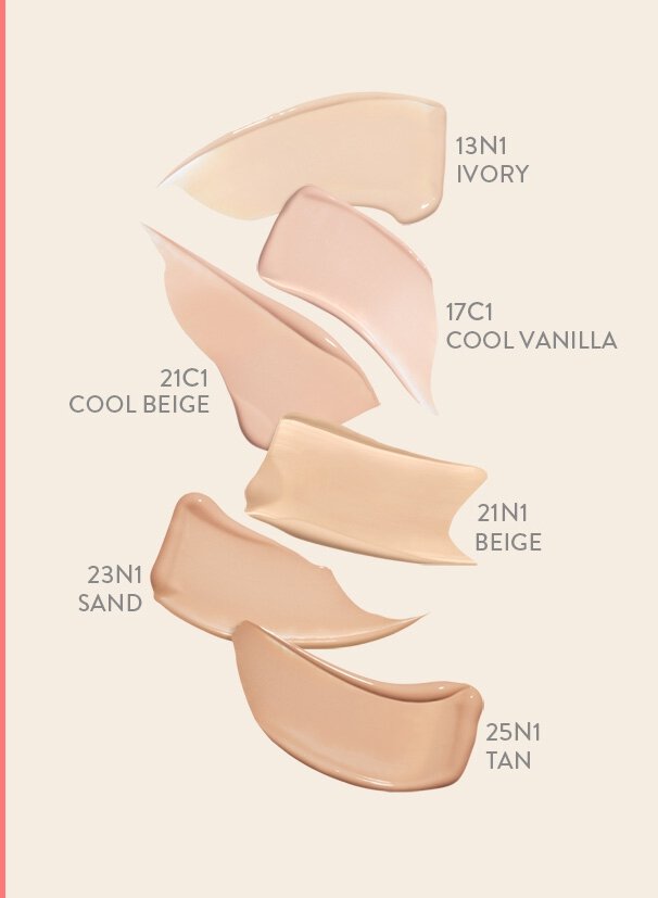 from brighter to darker, 13N1 IVORY / 17C1 COOL VANILLA / 21N1 BEIGE / 21C1 COOL BEIGE / 23N1 SAND / 25N1 TAN