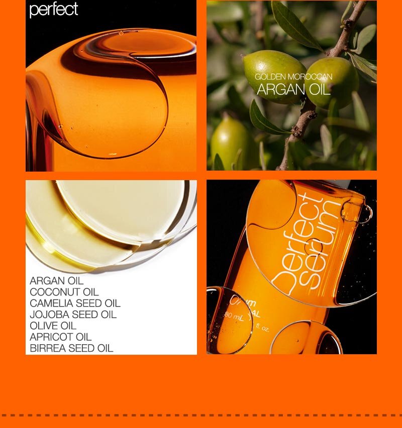 perfect, GOLDEN MOROCCAN ARGAN OIL, DERFECT SERUM, argan oil, coconut oil, camelia seed oil, jojoba seed oil, olive oil, apricot oil, birrea seed oil