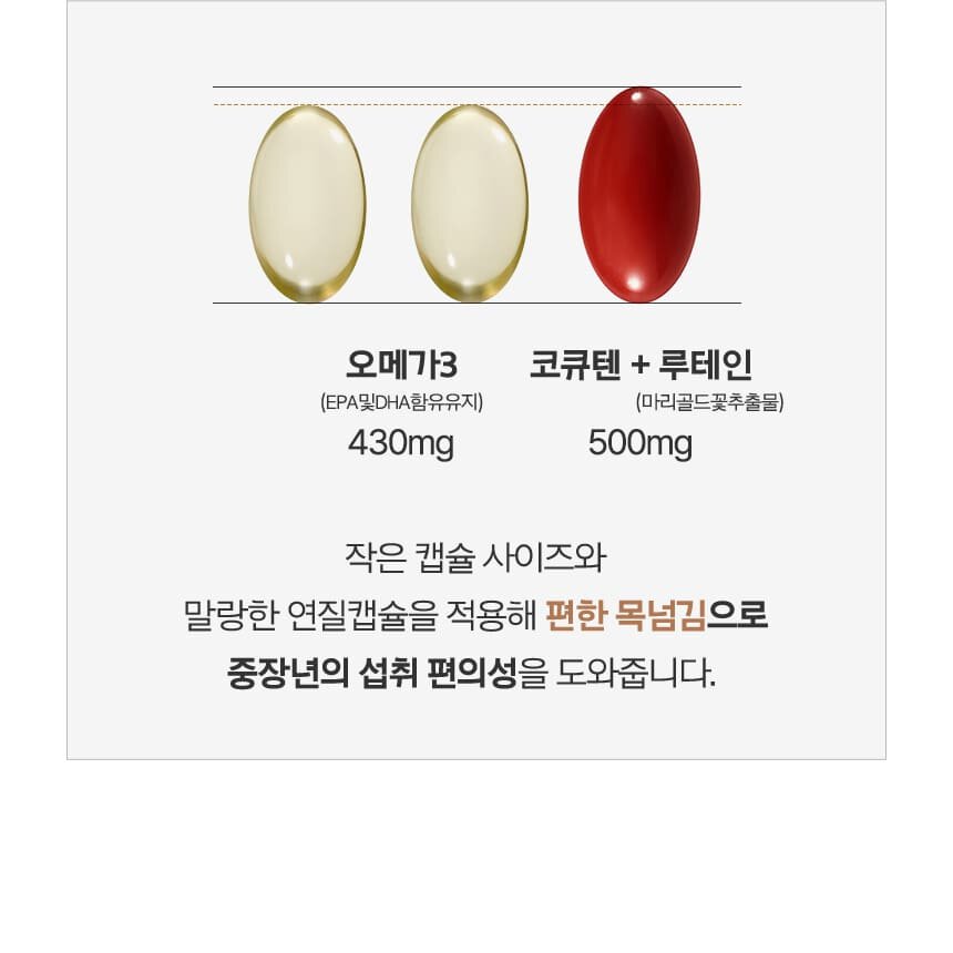 오메가3 (EPA및DHA함유유지) 430mg / 코큐텐 + 루테인(마리골드꽃추출물) 500mg
        작은 캡슐 사이즈와 말랑한 연질캡슐을 적용해 편한 목넘김으로 중장년의 섭취 편의성을 도와줍니다.