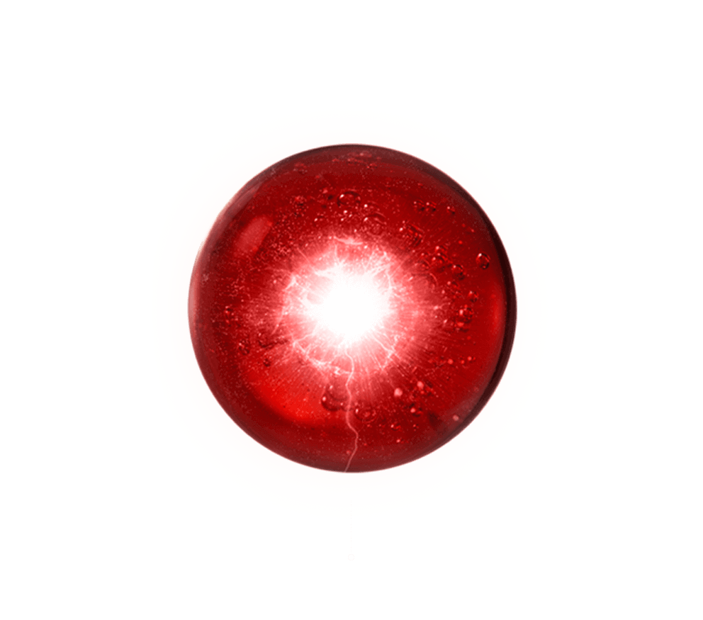 一道明亮的白光自鮮紅半透明的球體中心綻放，象徵雪花秀「極致臻秀能量修護安瓶」所凝聚的強大能量。