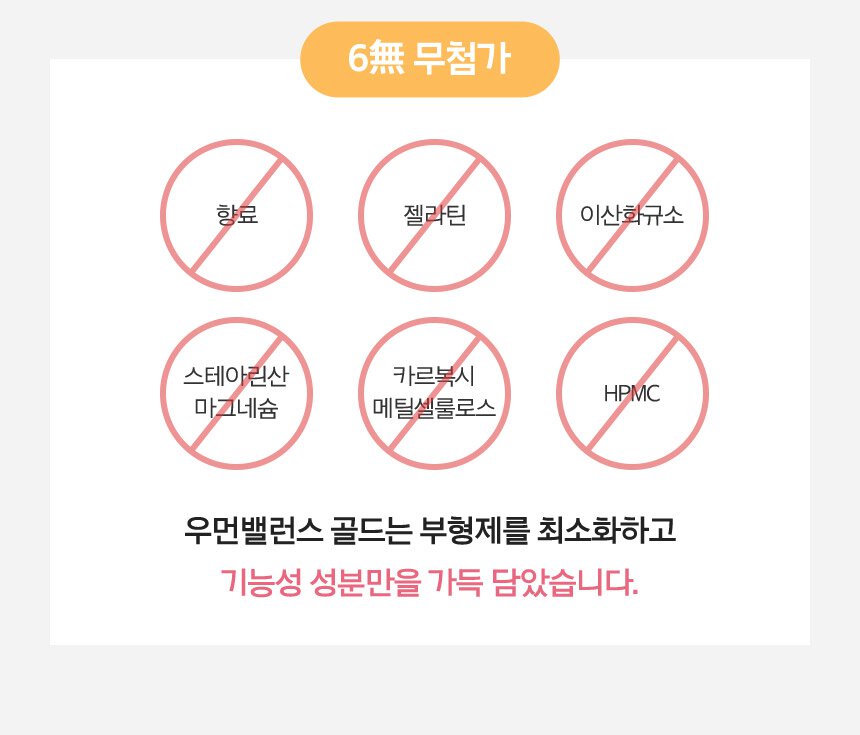 6無 무첨가 NO향료/ NO젤라틴/ NO이산화규소 / NO스테아린산 마그네슘/NO카르복시 메틸셀룰로스/NO HPMC 우먼밸런스 골드는 부형제를 최소화하고 기능성 성분만을 가득 담았습니다.