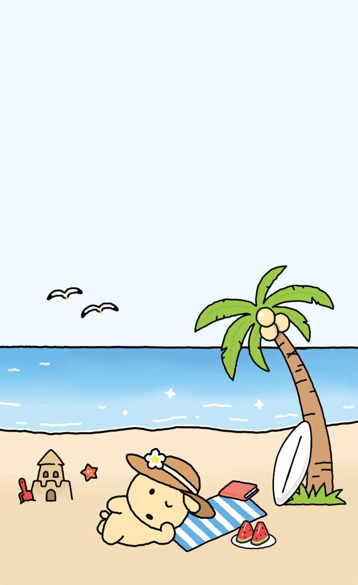 GGAMJA 悠閒地躺在棕櫚樹下的沙灘巾上，享受陽光、西瓜片及身旁的衝浪板，象徵 Laneige 水庫補濕微質酸紓緩啫喱所帶來的清爽保濕感受。