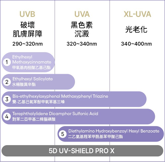 UVB 破壞肌膚屏障 290~320nm / UVA黑色素沉澱 320~340nm / XL-UVA光老化 340~400nm