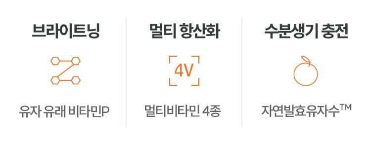 브라이트닝 : 유자 유래 비타민P / 멀티 항산화 : 멀티비타민 4종 / 수분생기 충전 : 자연발효유자수™