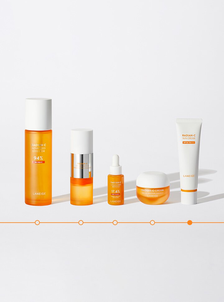 STEP 1. Radian-C Effector/ STEP 2.Radian-C Double Essence/ STEP 3. Radian-C Vitamin Ampoule/ STEP 4. Radian-C Cream/STEP 5. Radian-C Sun Cream