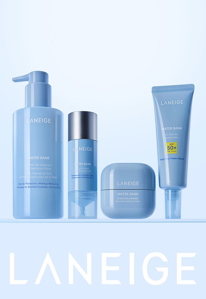 LANEIGE - Water Bank Gentle Gel Cleanser / Water Bank Glass Facial / Water Bank Blue Hyaluronic Moisturizer / Water Bank UV Barrier Sunscreen