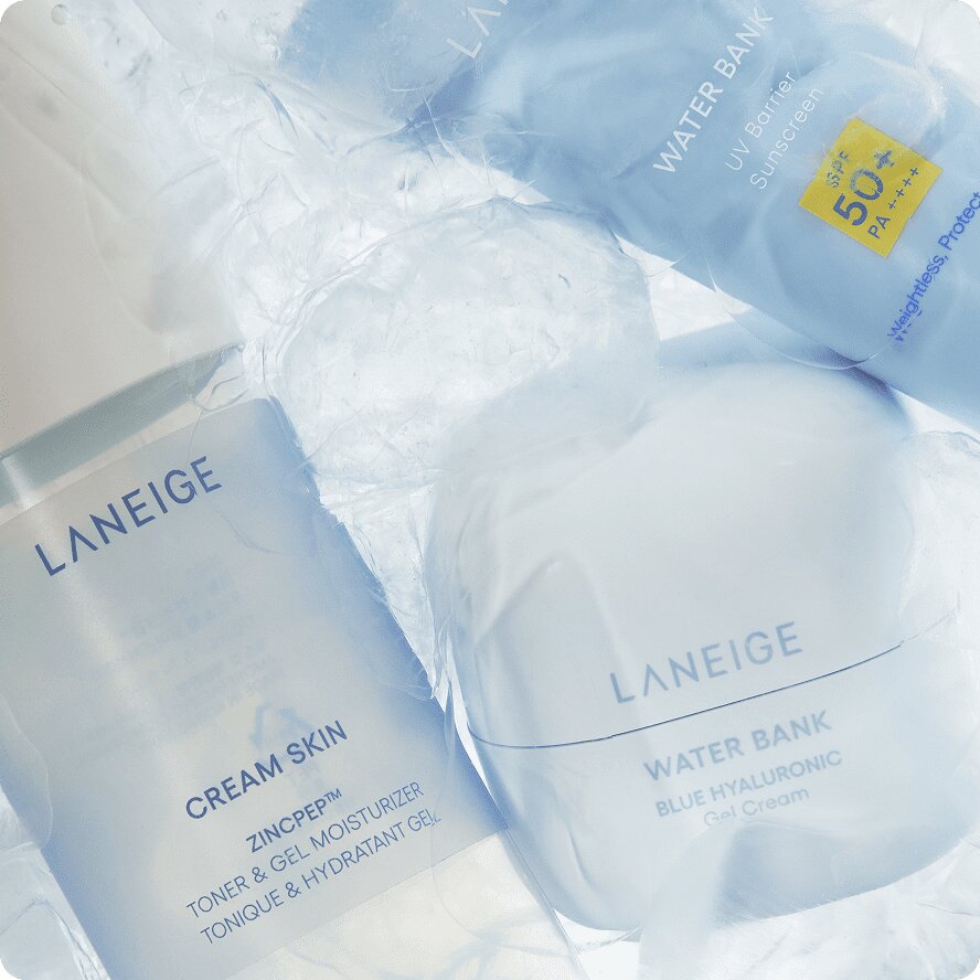 Cream Skin Zincpep??Toner & Gel Moisturizer, Water Bank Blue Hyaluronic Gel Moisturizer and Water Bank UV Barrier Sunscreen submerged in water
