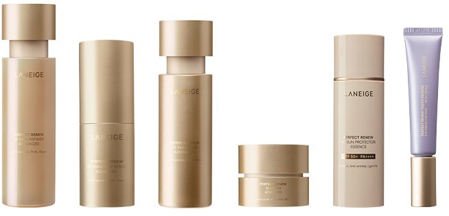 Perfect Renew full routine lineup image featuring Skin Refiner, Serum, Emulsion, Cream, Sun Protector, and Youth Retinol.