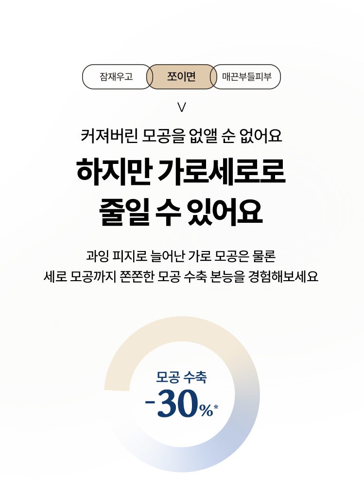(쪼이면) 커져버린 모공을 없앨 순 없어요 하지만 가로세로로 줄일 수 있어요 과잉 피지로 늘어난 가로 모공은 물론 세로 모공까지 쫀쫀한 모공 수축 본능을 경험해보세요.