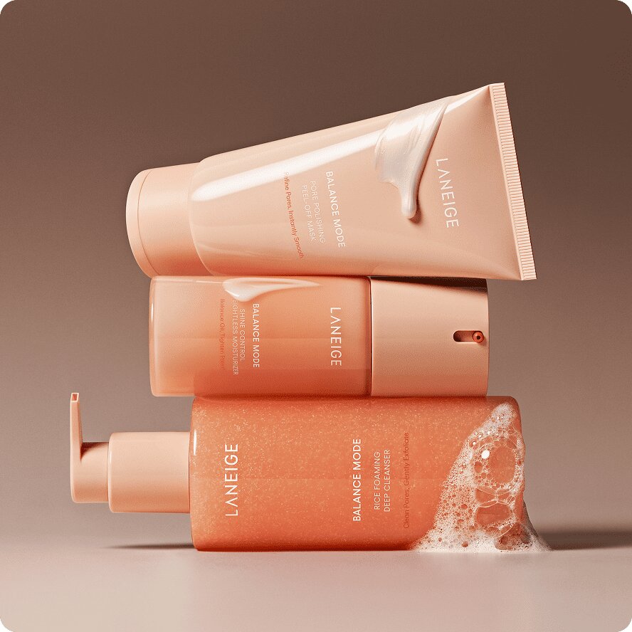 Balance Mode Rice Foaming Deep Cleanser, Balance Mode Shine Control Weightless Moisturizer, Balance Mode Pore Polishing Peel-off Mask