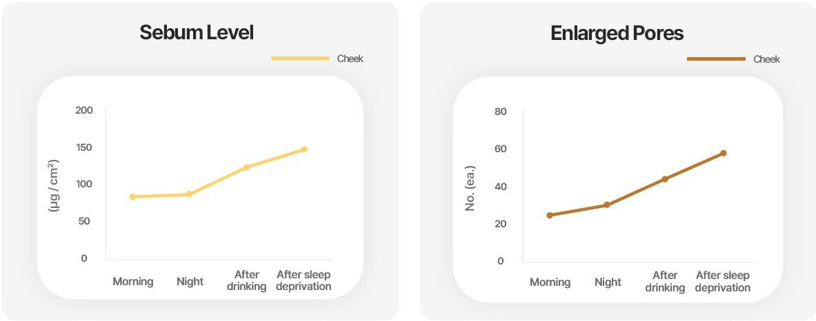 Sebum Level: Cheek / Morning(80) Night(85) After drinking (120) After sleep deprivation(140)/ Enlarged Pores: / Cheek / Morning(22) Night(30) After drinking (40) After sleep deprivation (57)