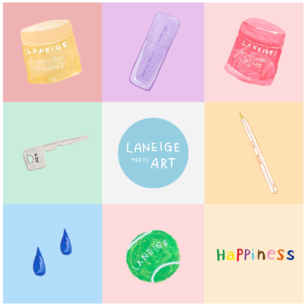LANEIGE MEETS ART Illustrations - Products, Key, Pencil, Water drop, Tennis ball, Happiness