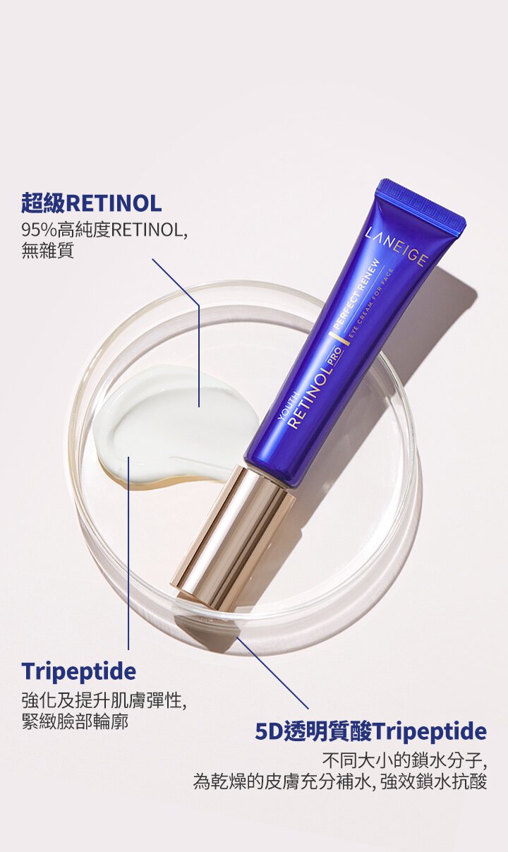 超級RETINOL 95%高純度RETINOL，無雜質 Tripeptide
                  強化及提升肌膚彈性，緊緻臉部輪廓 5D透明質酸Tripeptide 不同大小的鎖水分子，為乾燥的皮膚充分補水，強效鎖水抗酸