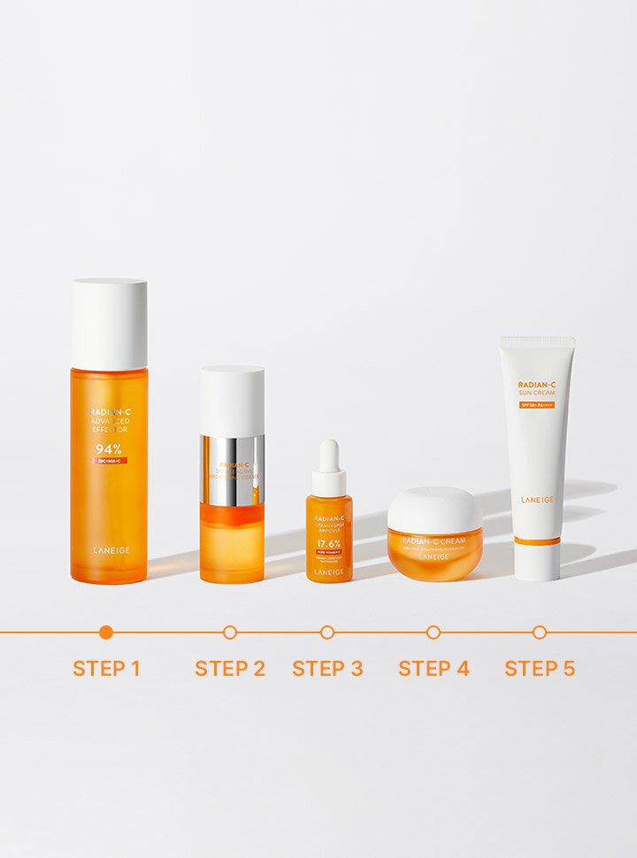 STEP 1. Radian-C Effector/ STEP 2.Radian-C Effector/ STEP 3. Radian-C Vitamin Ampoule/ STEP 4. Radian-C Cream/STEP 5. Radian-C Sun Cream