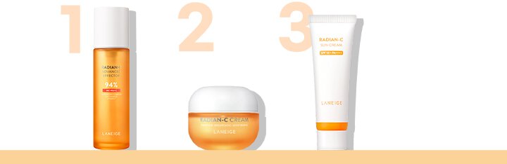 Morning skincare routine, 1. Radian-C Advanced Effector, 2. Radian-C Cream, 3. Radian-C Suncream