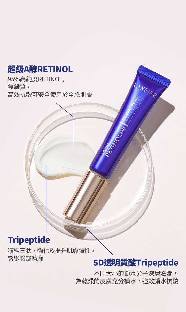 超級A醇RETINOL 95%高純度RETINOL，無雜質，高效抗皺可安全使用於全臉肌膚 Tripeptide 精純三肽，強化及提升肌膚彈性，緊緻臉部輪廓 5D透明質酸Tripeptide 不同大小的鎖水分子深層滋潤，為乾燥的皮膚充分補水，強效鎖水抗酸