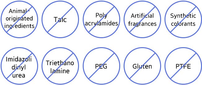 Animal-originated ingredients / Talc / Polyacrylamides, Artificial fragrances / Synthetic colorants
              Imidazolidinyl urea / Triethanolamine / PEG / Gluten / PTFE