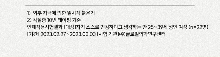 1) 외부 자극에 의한 일시적 붉은기 / 2) 각질층 10번 테이핑 기준 / 인체적용시험결과 [대상]자기 스스로 민감하다고 생각하는 만 25~39세 성인 여성 (n=22명) [기간] 2023.02.27~2023.03.03 [시험 기관]㈜글로벌의학연구센터