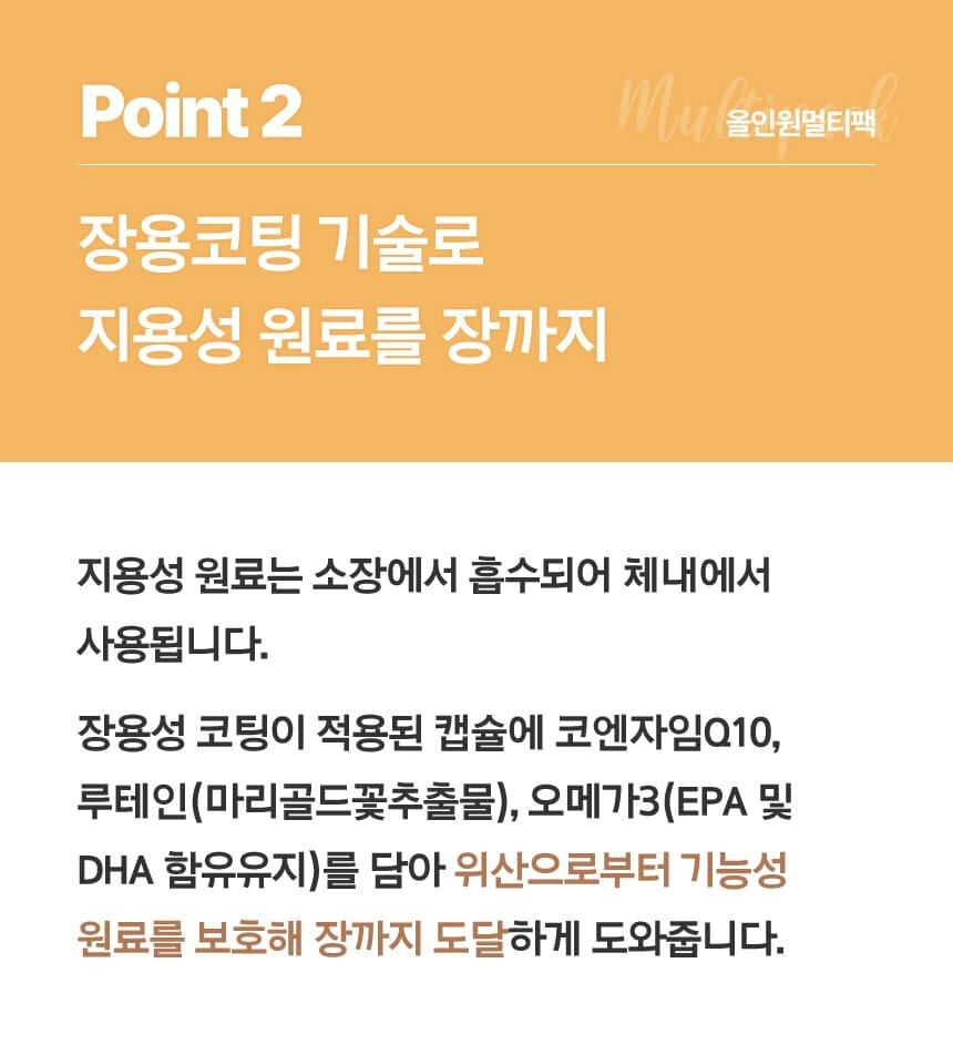 Point2 올인원멀티팩 장용코팅 기술로 지용성 원료를 장까지/지용성 원료를 소장에서 흡수되어 체내에서 사용됩니다. 장요성 코팅이 적용된 캡슐에 코엔자임Q10, 루테인(마리골드꽃추출물), 오메가3(EPA및DHA함유유지)를 담아 위산으로부터 기능성 원료를 보호해 장까지 도달하게 도와줍니다.