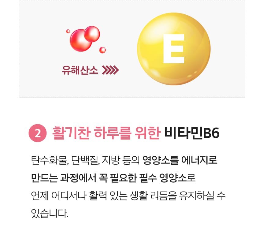 2. 활기찬 하루를 위한 비타민B6 탄수화물, 단백질, 지방 등의 영양소를 에너지로 만드는 과정에서 꼭 필요한 필수 영양소로 언제 어디서나 활력 있는 생활 리듬을 유지하실 수 있습니다.