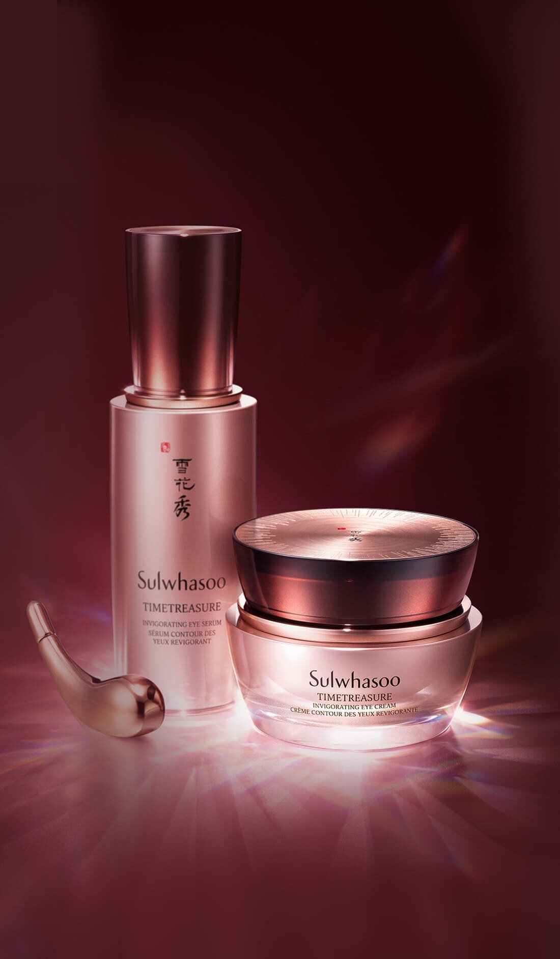Sulwhasoo Timetreasure Invigorating Eye Serum refreshing, skin strengthening antioxidants serum wakes up tired eyes on contact by pairing concentrated Korean red pine with a cooling gold massager. Used together, delicate under-eye skin looks instantly resilient, depuffed with a hydrated, smooth finish.