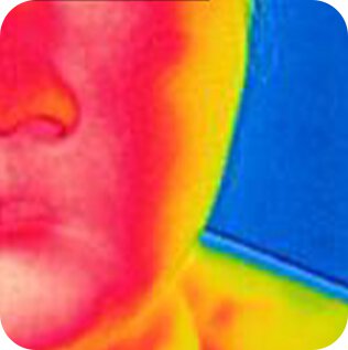 Thermal image of a participant’s face before using Laneige hydrating sleeping mask, showing red and warm areas.